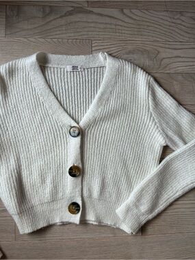 Cream Ribbed V-Neck Button Cardigan Sweater